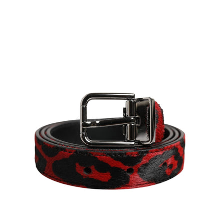 Dolce & Gabbana Curea Neagră Roșie Leopard cu Cataramă Argintie Metalică