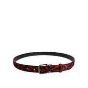 Dolce & Gabbana Curea Neagră Roșie Leopard cu Cataramă Argintie Metalică