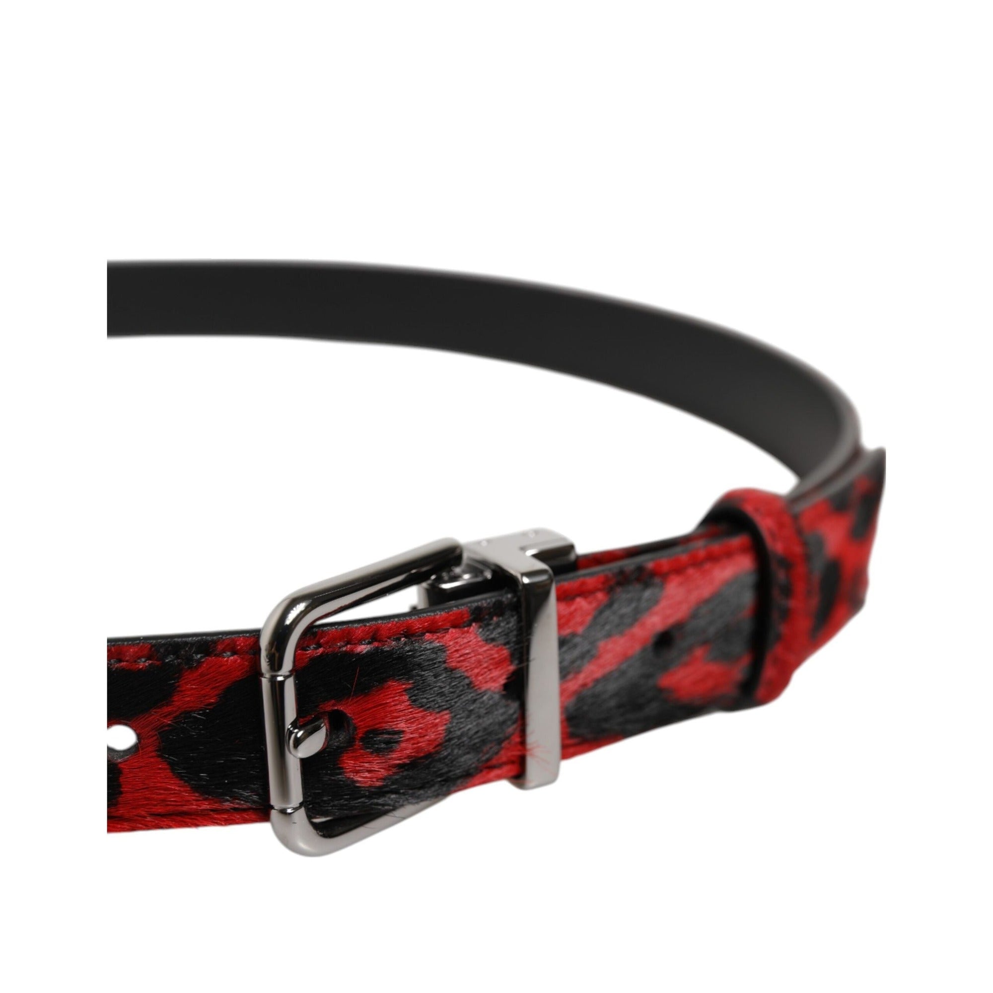 Dolce & Gabbana Curea Neagră Roșie Leopard cu Cataramă Argintie Metalică