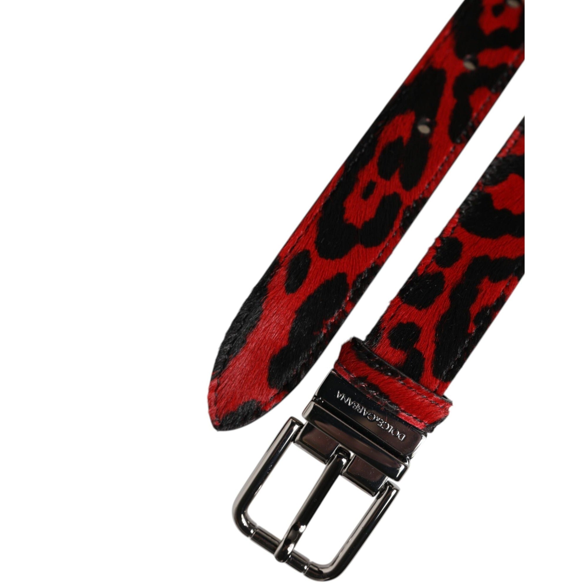 Dolce & Gabbana Curea Neagră Roșie Leopard cu Cataramă Argintie Metalică