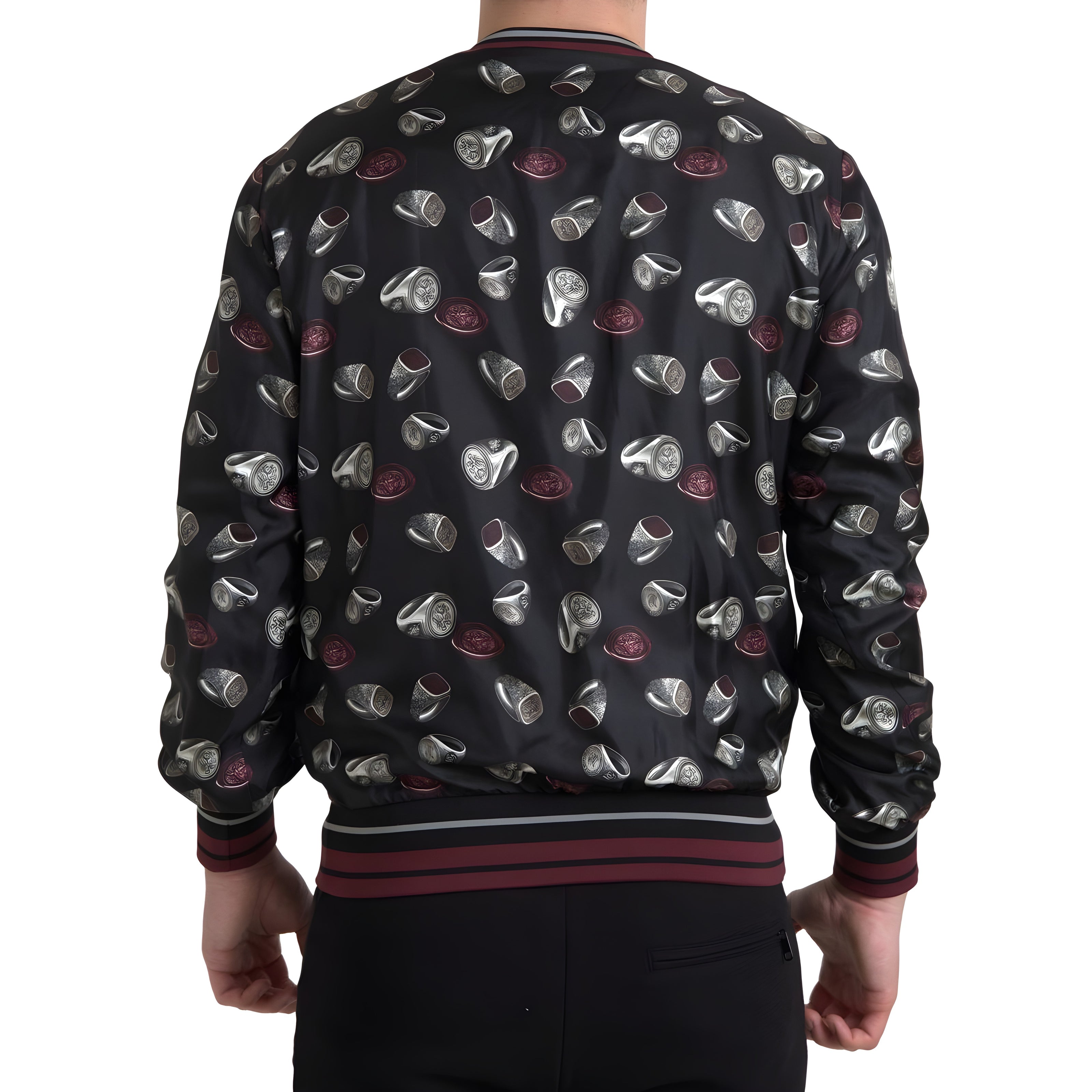 Dolce & Gabbana Pulover din mătase neagră cu guler rotund și imprimeu inele