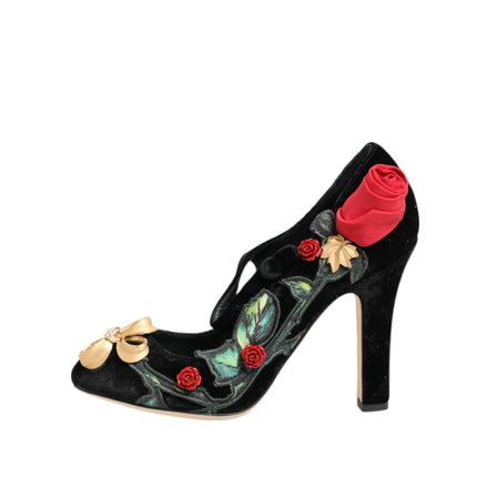 Dolce & Gabbana Black Roses Crystal Brooch Mary Janes