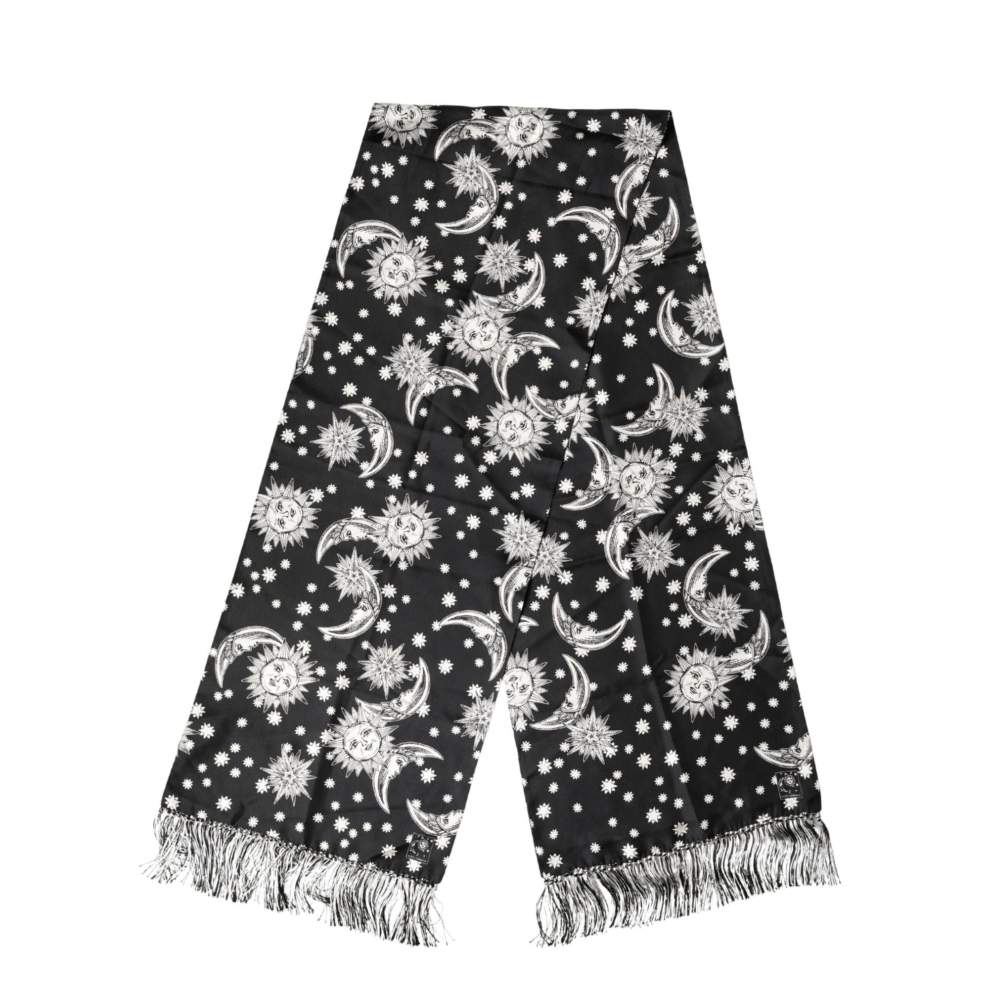 Dolce & Gabbana Black Silk Sun Moon Star Fringe Foulard 178cm X 33cm Scarf