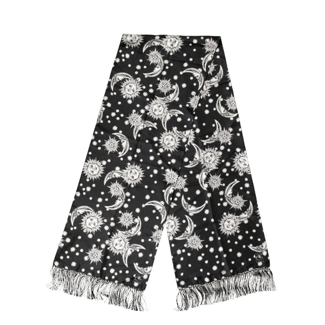 Dolce & Gabbana Black Silk Sun Moon Star Fringe Foulard 178cm X 33cm Scarf