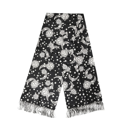 Eșarfă Dolce & Gabbana din mătase neagră cu soare, lună, stele și franjuri, Foulard 178cm X 33cm