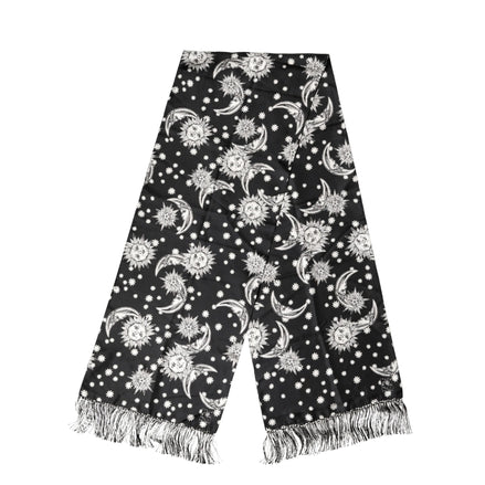 Eșarfă Dolce & Gabbana din mătase neagră cu soare, lună, stele și franjuri, Foulard 178cm X 33cm