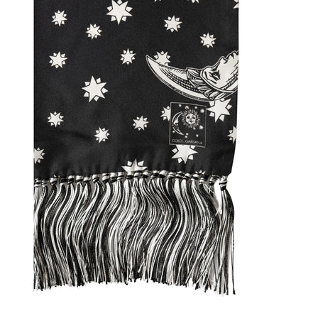 Dolce & Gabbana Black Silk Sun Moon Star Fringe Foulard 178cm X 33cm Scarf