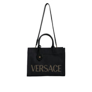 Geantă tote Versace neagră tip crossbody, cu mâner superior, din pânză și piele, cu logo