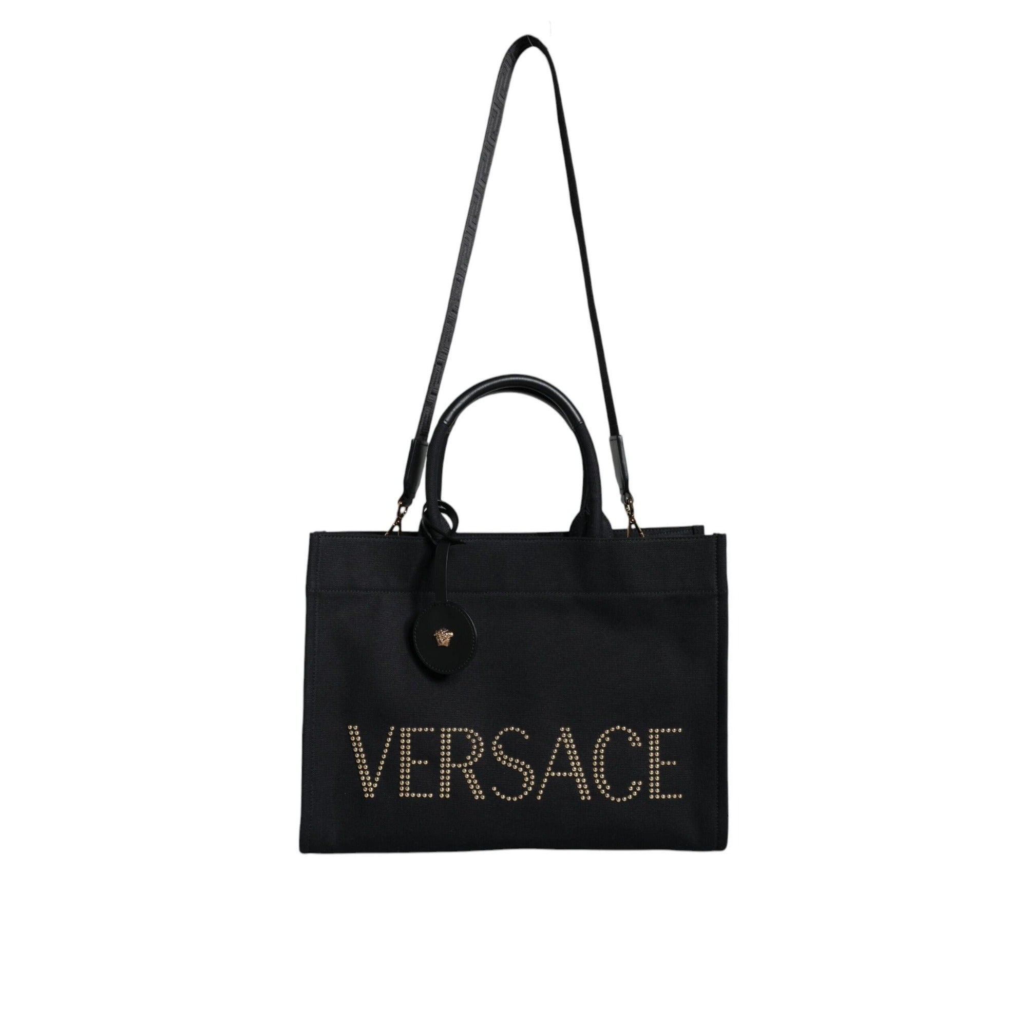 Geantă tote Versace neagră tip crossbody, cu mâner superior, din pânză și piele, cu logo