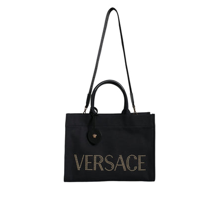 Geantă tote Versace neagră tip crossbody, cu mâner superior, din pânză și piele, cu logo