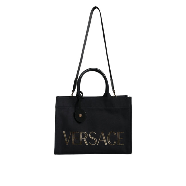 Geantă tote Versace neagră tip crossbody, cu mâner superior, din pânză și piele, cu logo