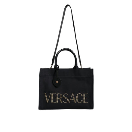 Geantă tote Versace neagră tip crossbody, cu mâner superior, din pânză și piele, cu logo