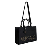 Geantă tote Versace neagră tip crossbody, cu mâner superior, din pânză și piele, cu logo
