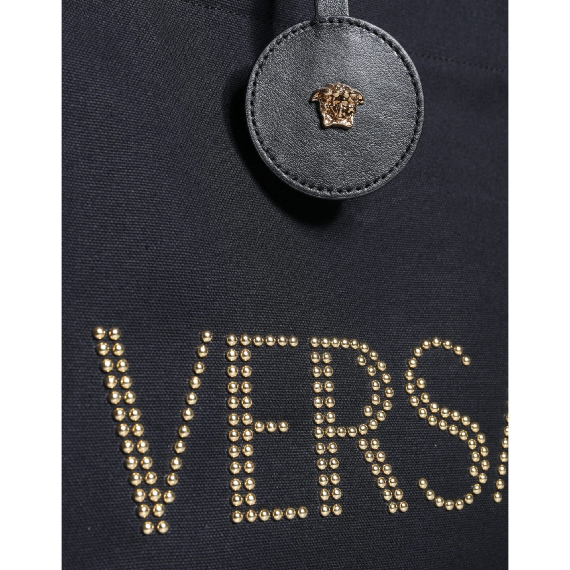 Geantă tote Versace neagră tip crossbody, cu mâner superior, din pânză și piele, cu logo