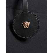 Geantă tote Versace neagră tip crossbody, cu mâner superior, din pânză și piele, cu logo