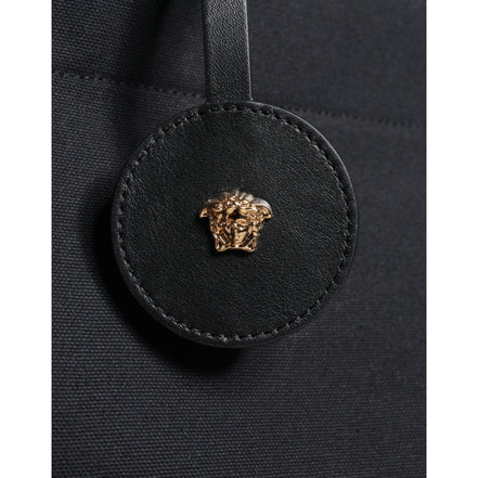 Geantă tote Versace neagră tip crossbody, cu mâner superior, din pânză și piele, cu logo