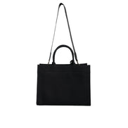 Geantă tote Versace neagră tip crossbody, cu mâner superior, din pânză și piele, cu logo