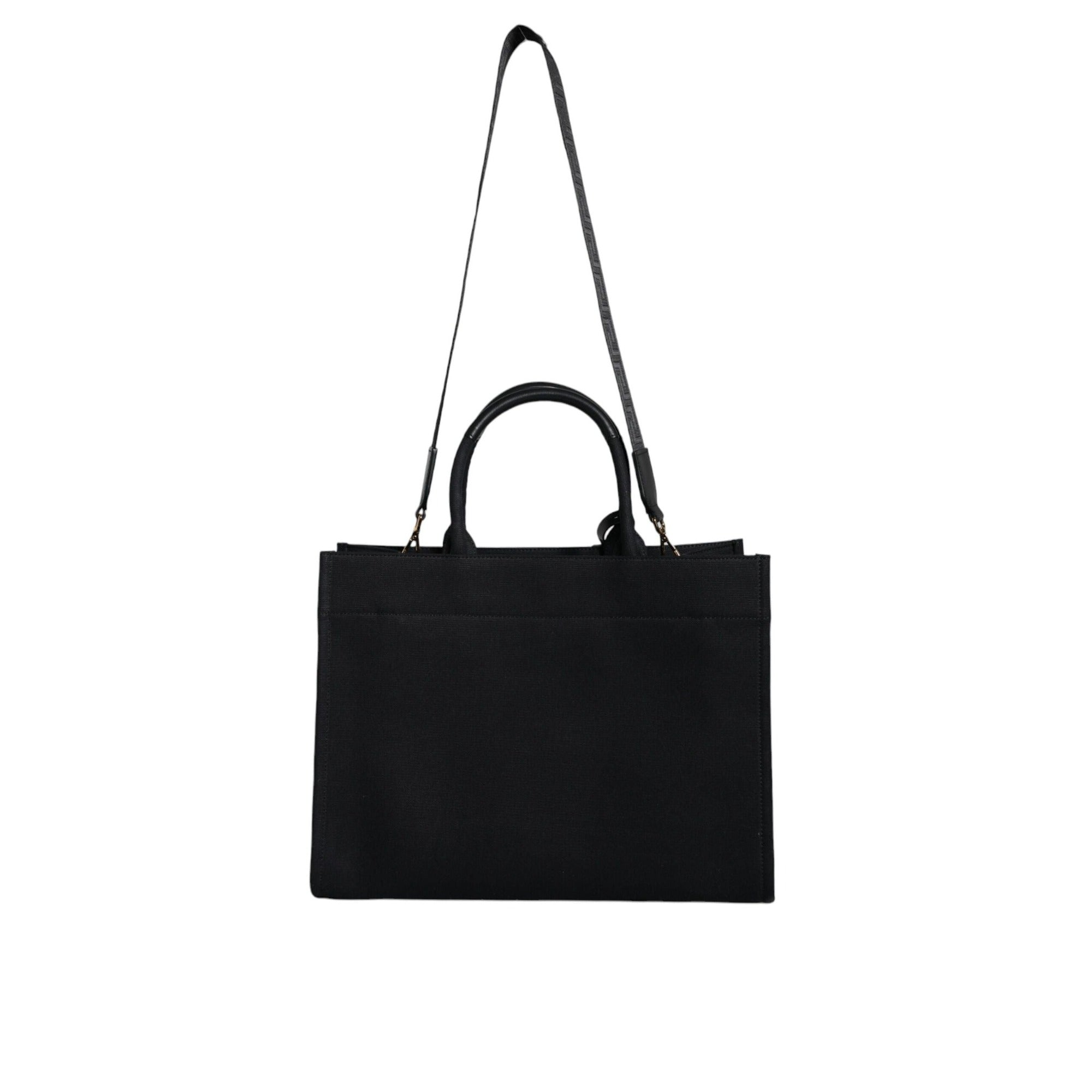 Geantă tote Versace neagră tip crossbody, cu mâner superior, din pânză și piele, cu logo