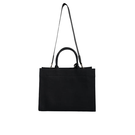 Geantă tote Versace neagră tip crossbody, cu mâner superior, din pânză și piele, cu logo