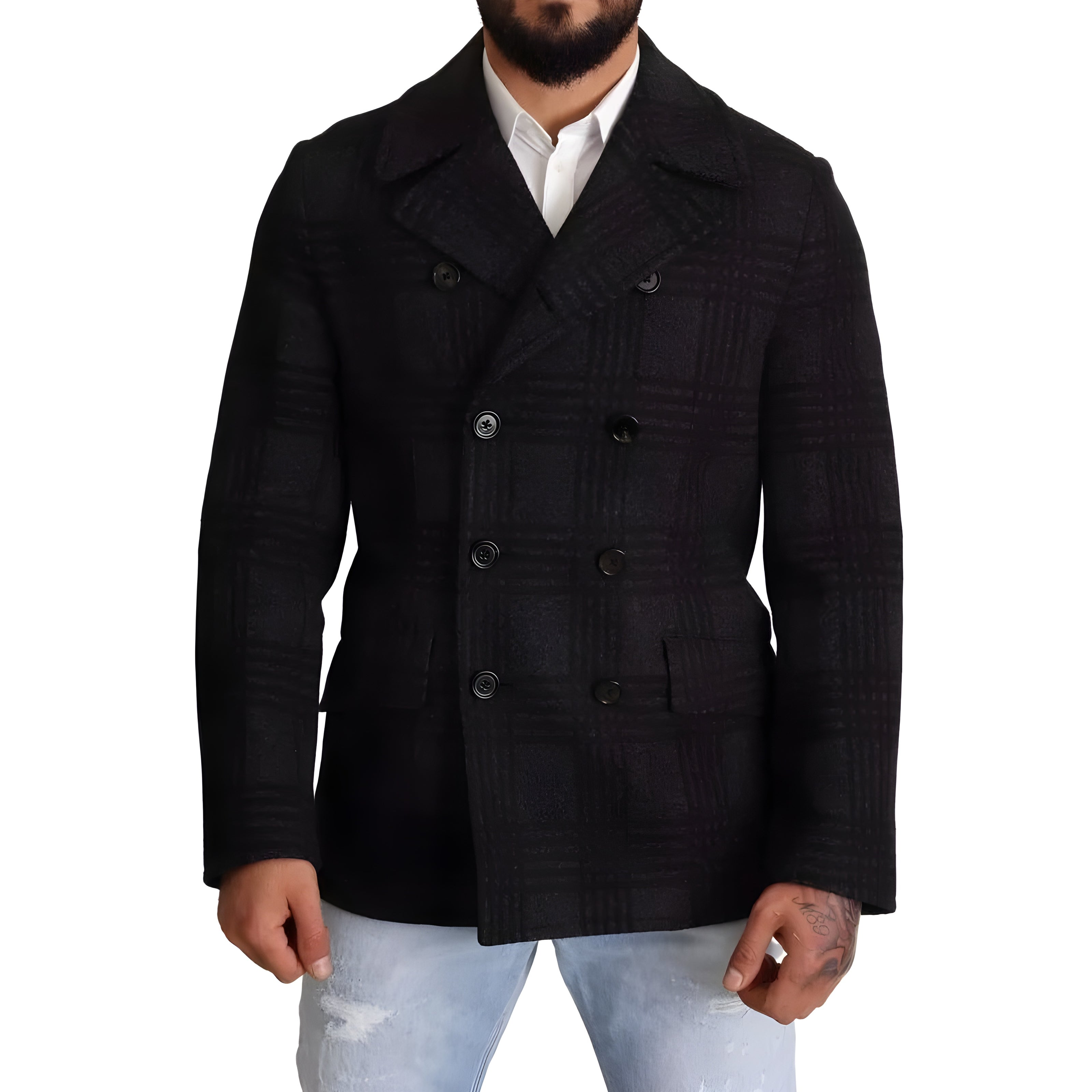 Dolce & Gabbana Black Trench Coat Check Wool Jacket