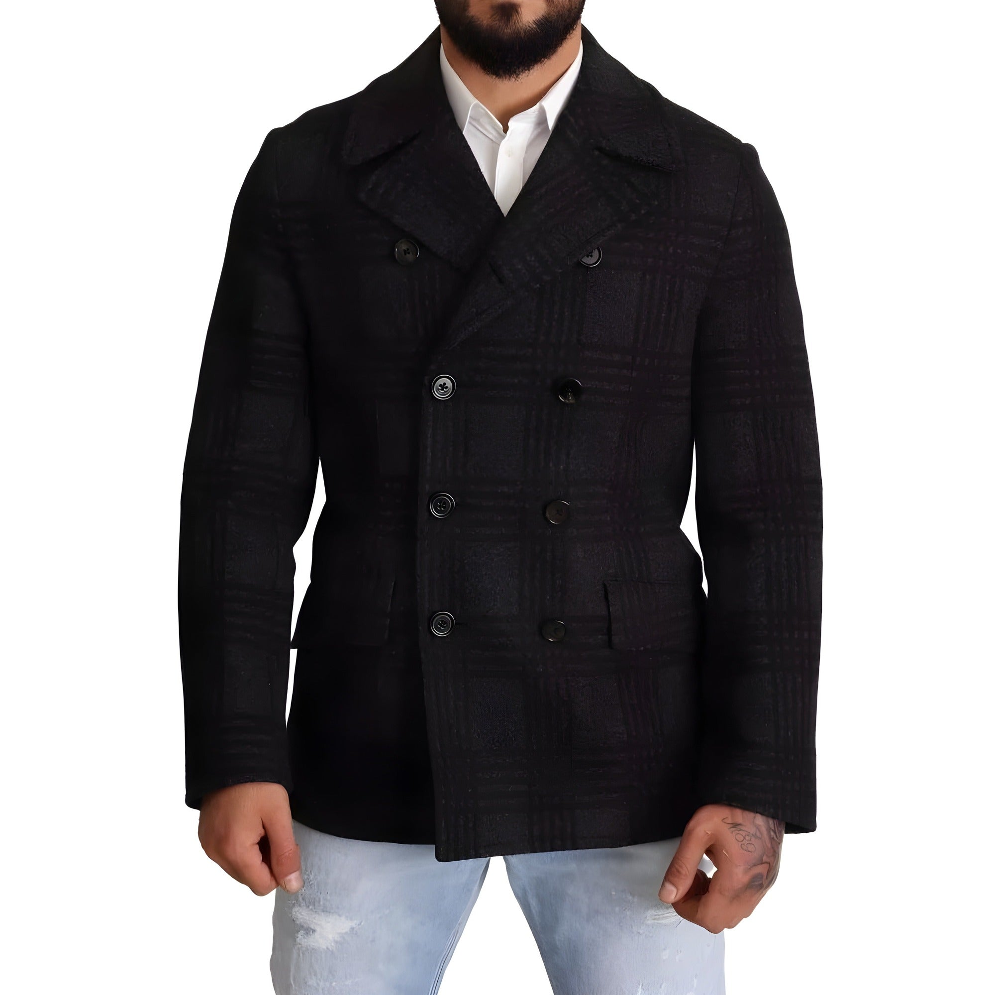 Dolce & Gabbana Black Trench Coat Check Wool Jacket