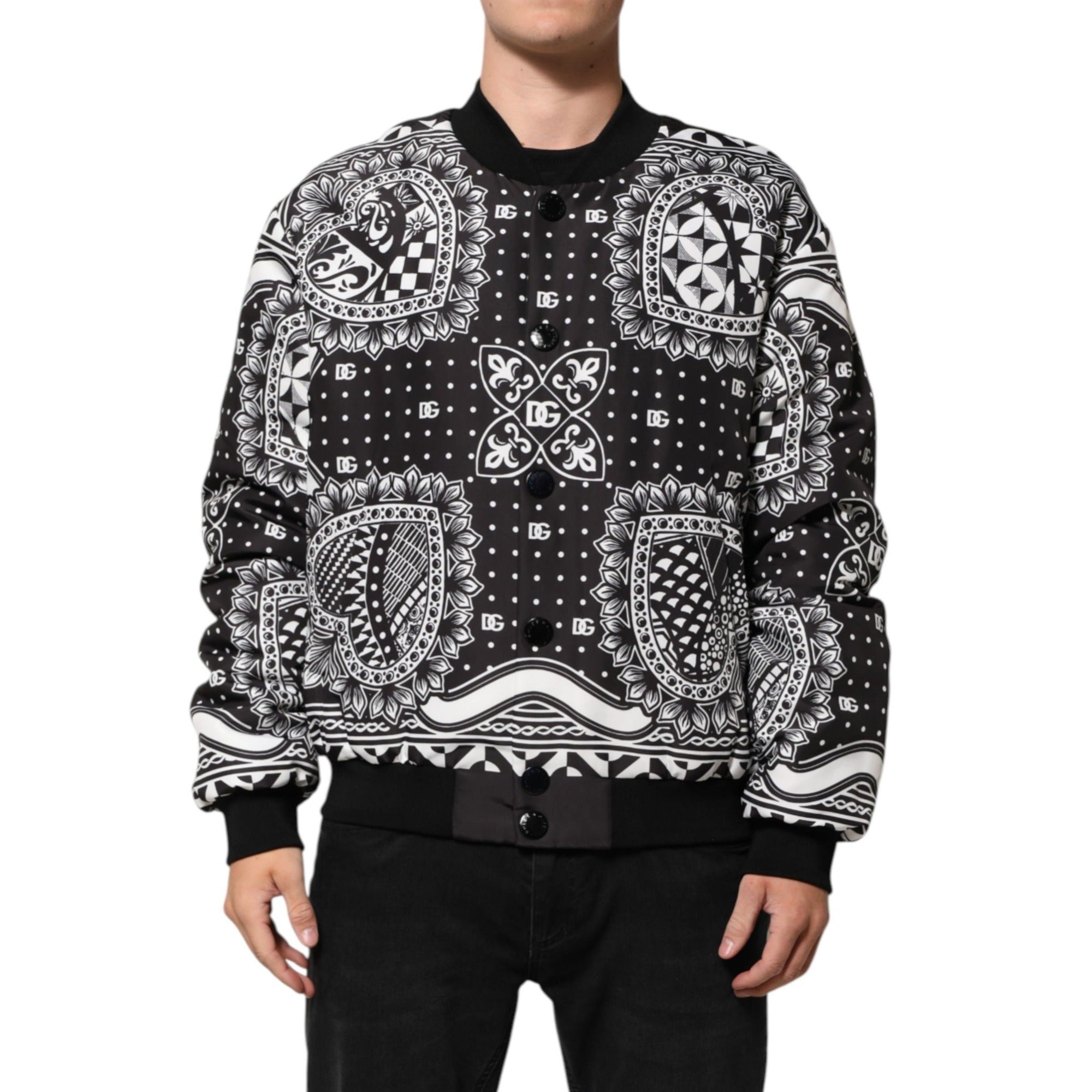 Jachetă Bomber Dolce & Gabbana Neagră cu Imprimeu Bandană Albă