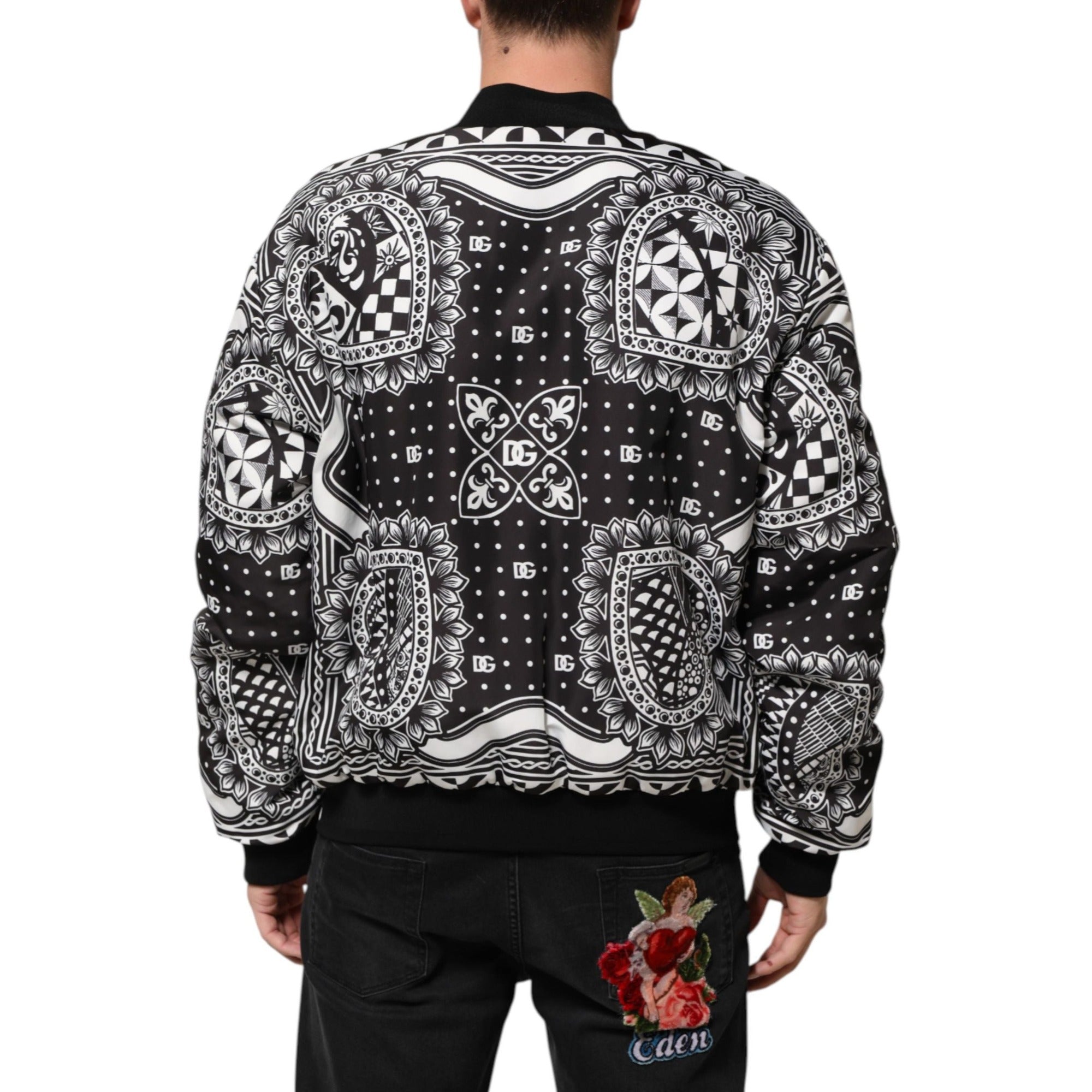 Jachetă Bomber Dolce & Gabbana Neagră cu Imprimeu Bandană Albă