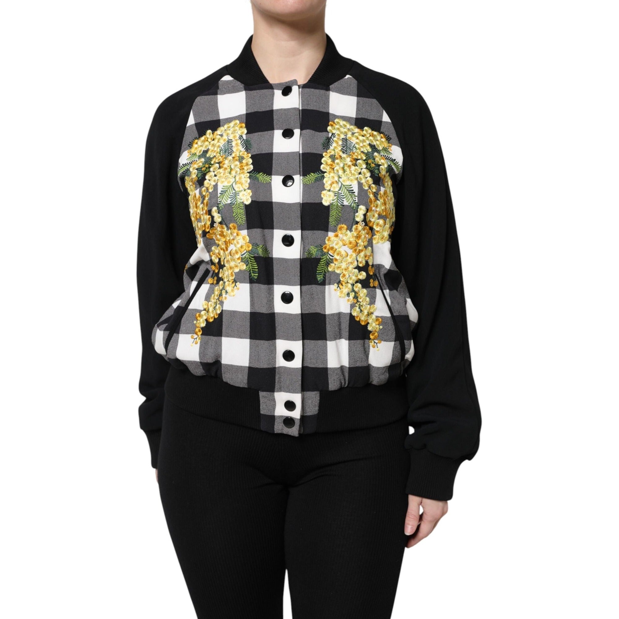 Sacou Dolce & Gabbana negru, alb, cu carouri și imprimeu floral, cu închidere cu nasturi