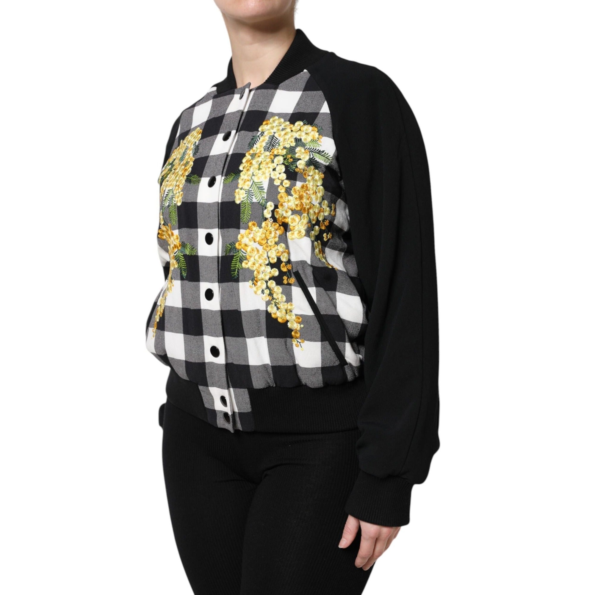 Sacou Dolce & Gabbana negru, alb, cu carouri și imprimeu floral, cu închidere cu nasturi