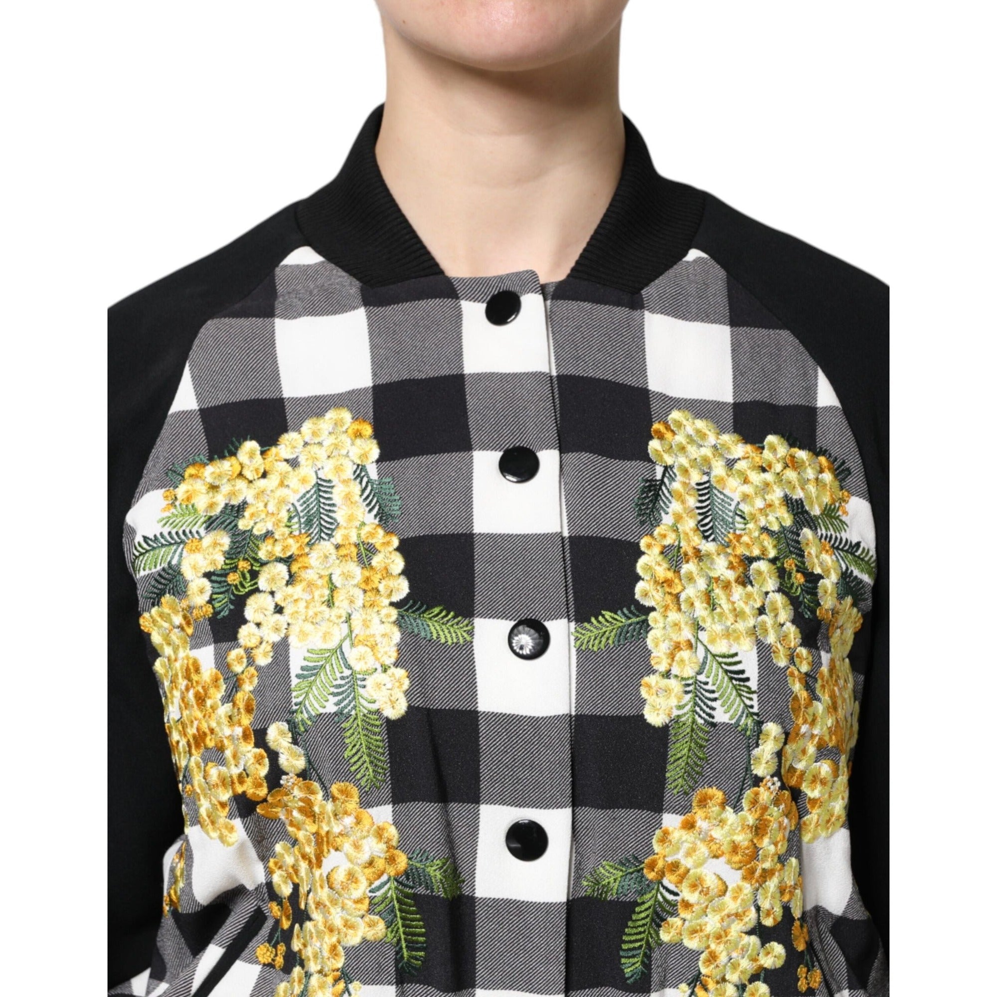 Sacou Dolce & Gabbana negru, alb, cu carouri și imprimeu floral, cu închidere cu nasturi