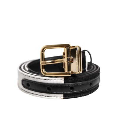 Curea Dolce & Gabbana neagră cu alb patchwork cu cataramă aurie metalică