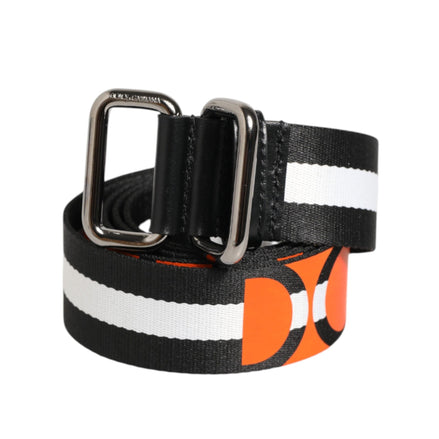 Dolce & Gabbana Black White Striped Logo Buckle Belt