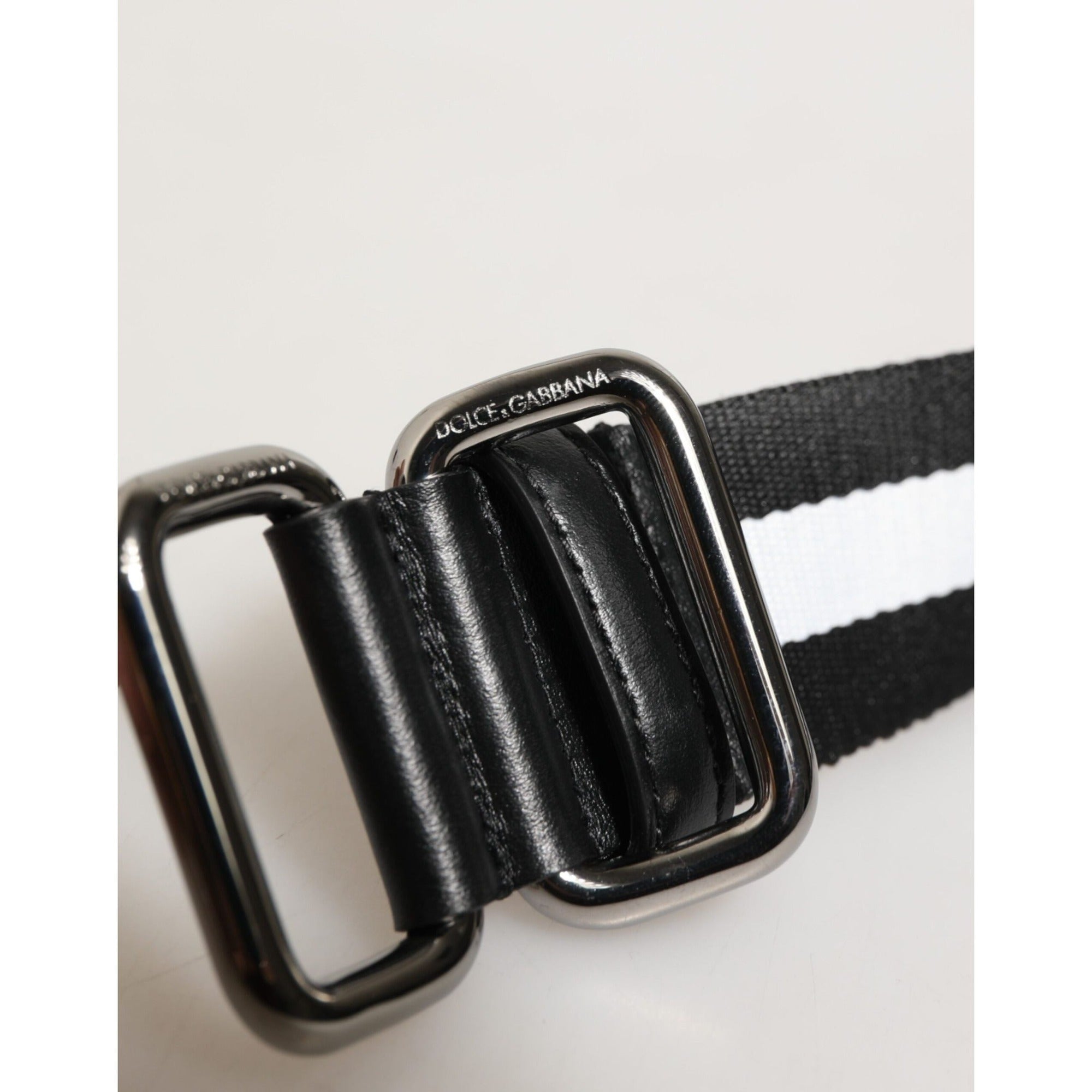 Curea Dolce & Gabbana cu cataramă metalică, dungi alb-negru și logo