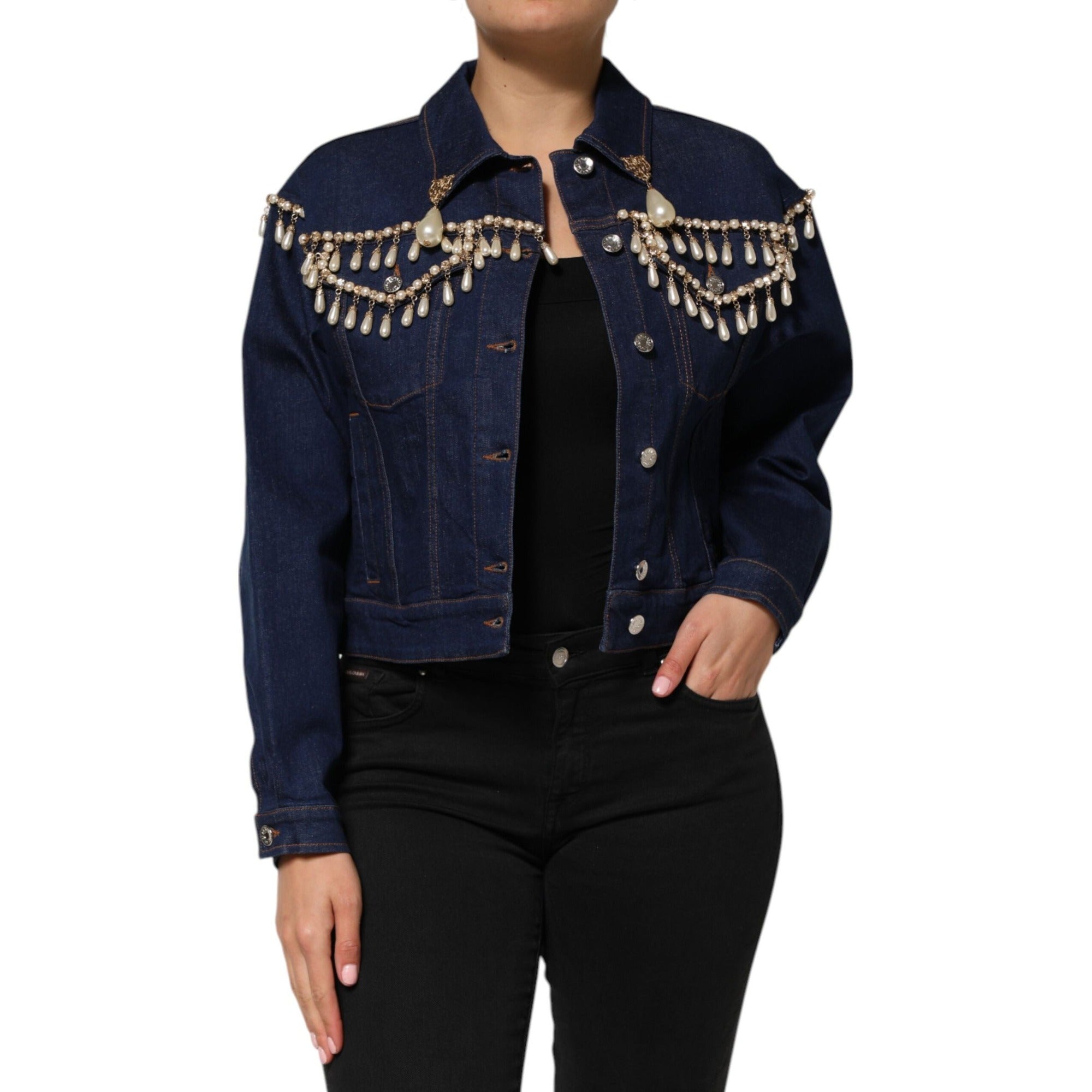 Geacă Dolce & Gabbana din denim albastru de bumbac, cu aplicații de cristale