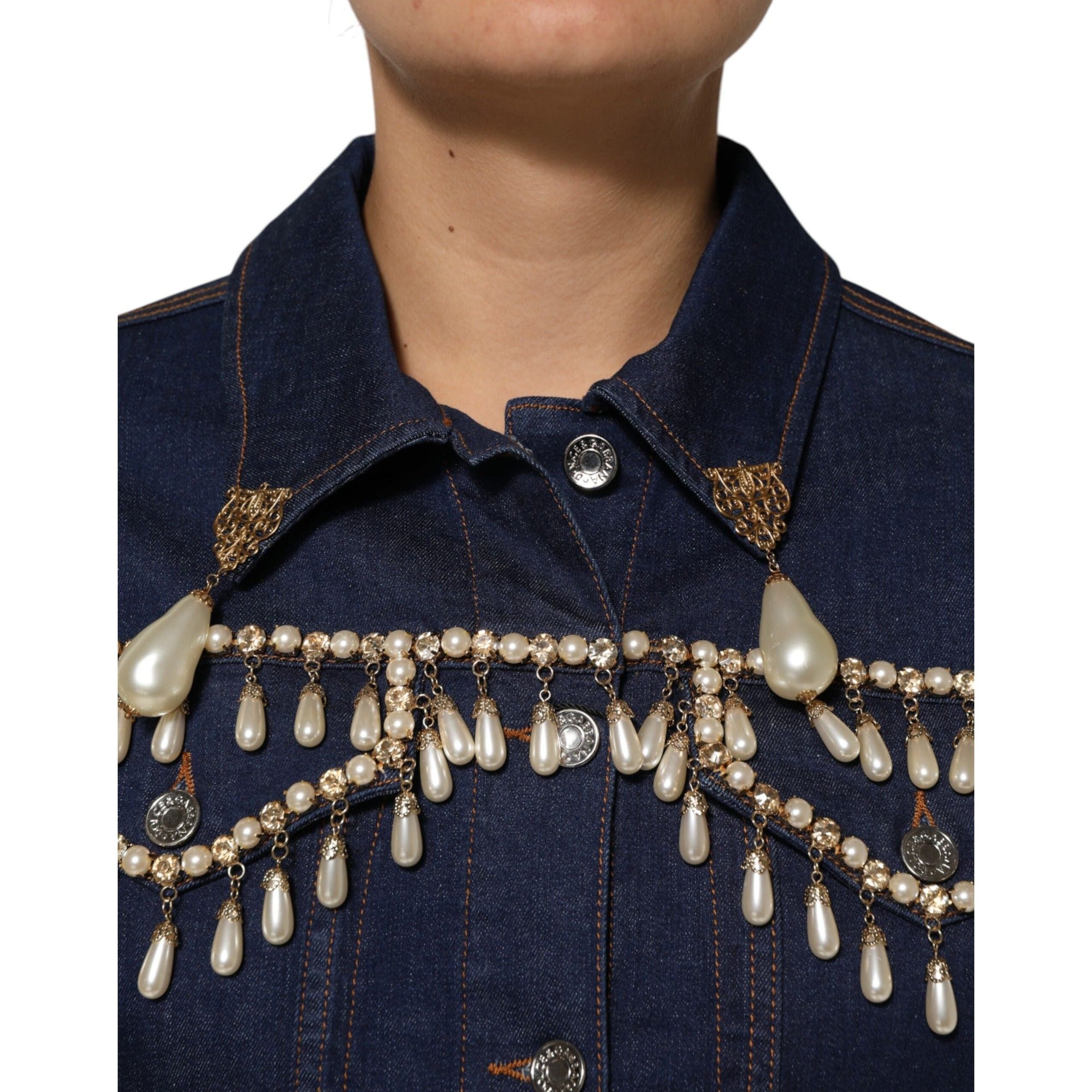 Geacă Dolce & Gabbana din denim albastru de bumbac, cu aplicații de cristale