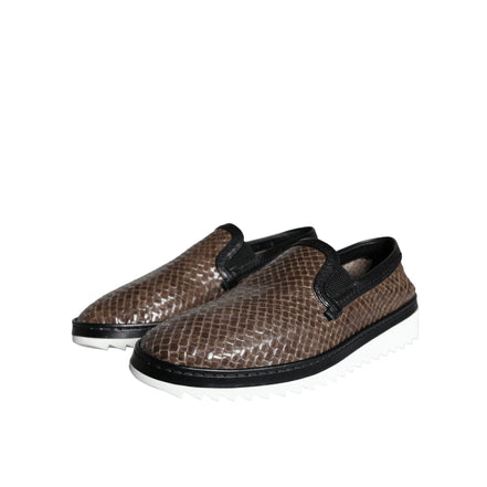 Dolce & Gabbana Brown Black Leather Weaved Loafers