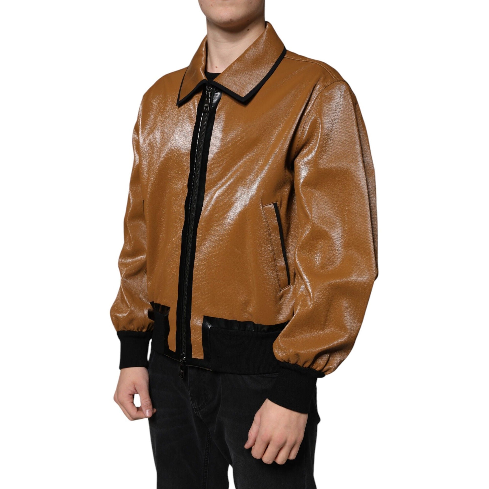 Geacă Bomber Dolce & Gabbana din Piele Maro cu Fermoar Integral