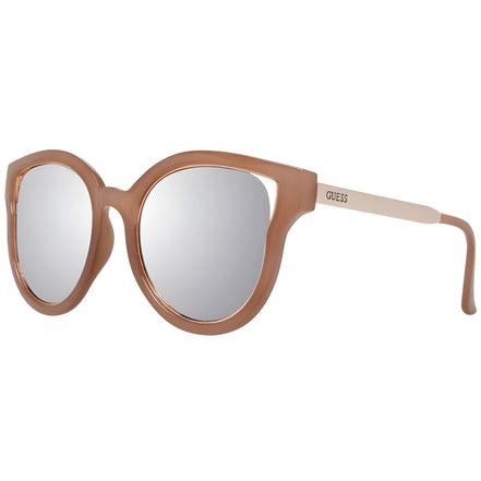 Beige round designer sunglasses with mirrored lenses and metal arms