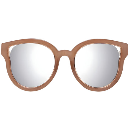 Brown oversized round sunglasses with mirrored lenses, designer eyewear fashion