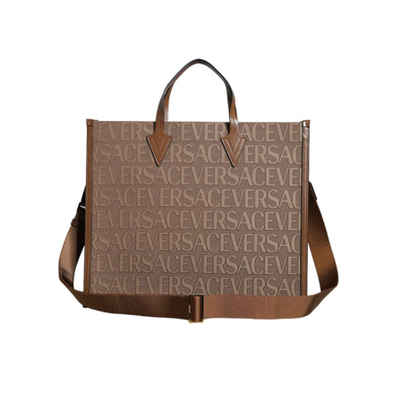 Geantă tip Tote Versace Maro, cu Mâner Superior, Jacquard și Logo din Piele, de Purtat pe Umăr