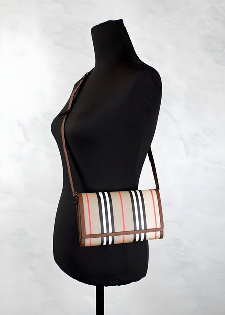 Geantă crossbody portofel Burberry Hannah Icon Stripe Archive Tan E-Canvas piele