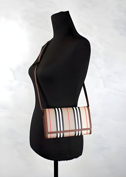 Geantă crossbody portofel Burberry Hannah Icon Stripe Archive Tan E-Canvas piele