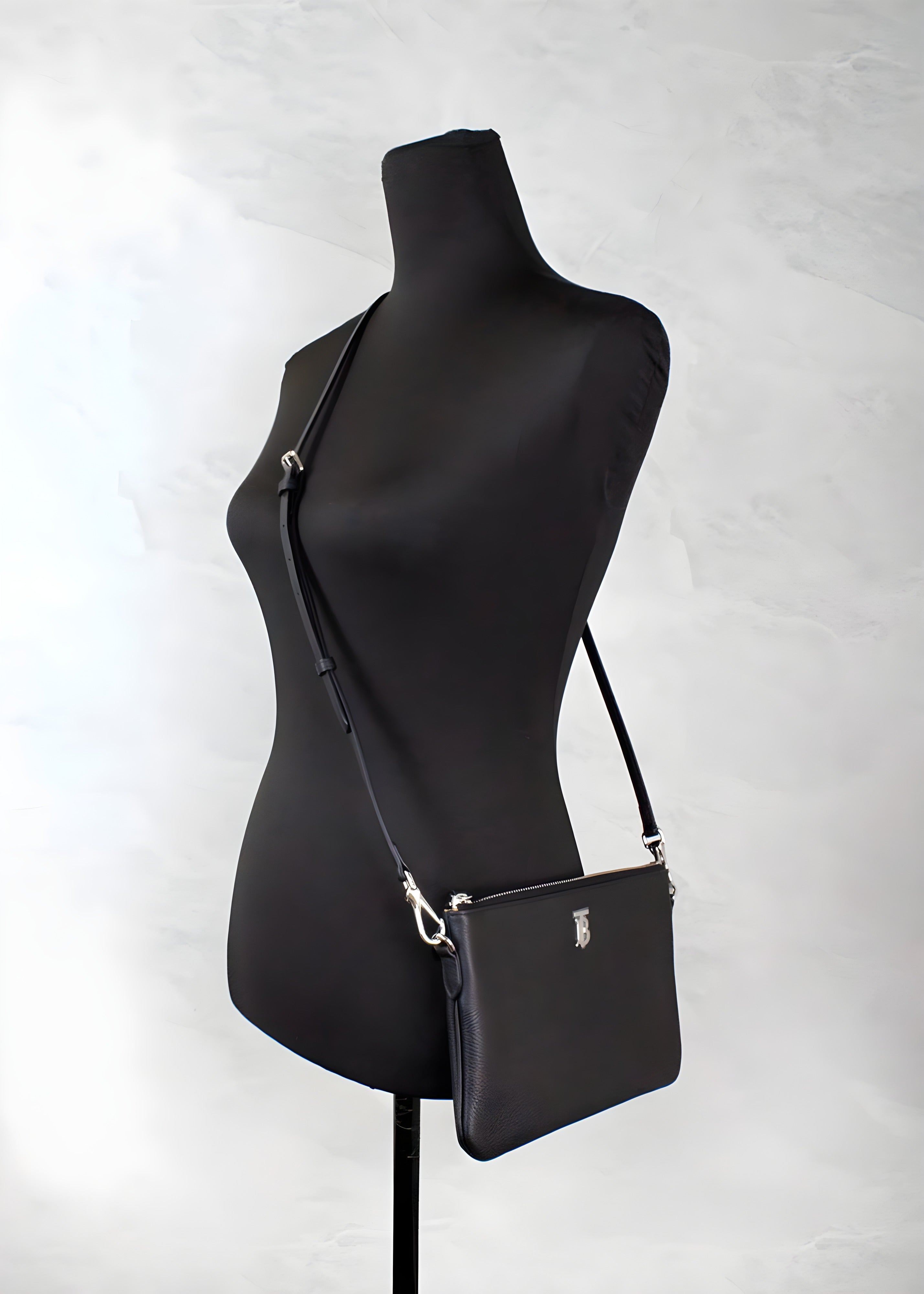Burberry Peyton Monogram Black Leather Pouch Crossbody Bag