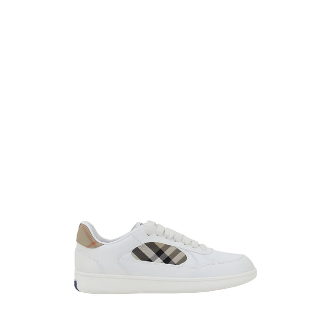 Sneakers Burberry joși din piele albă, cu imprimeu în carouri