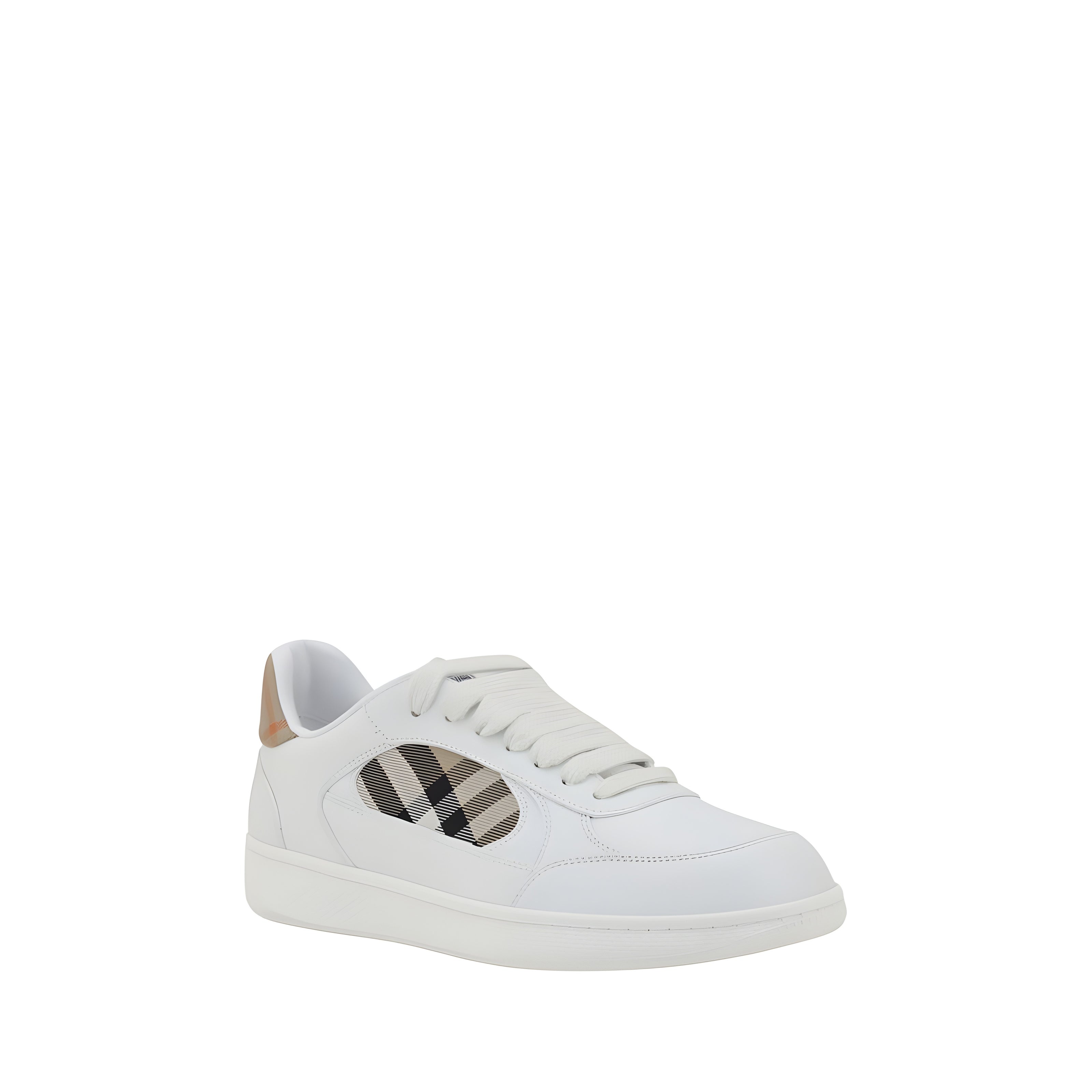 Sneakers Burberry joși din piele albă, cu imprimeu în carouri