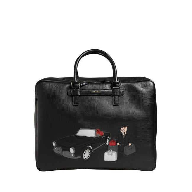 Dolce & Gabbana Black Car Man Applique Leather Weekender Borse Bag
