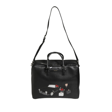 Dolce & Gabbana Black Car Man Applique Leather Weekender Borse Bag