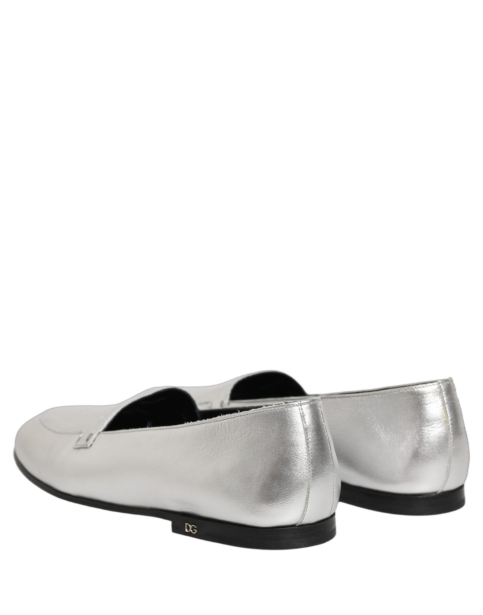 Dolce & Gabbana Silver Leather DG Logo Slip-On Loafers
