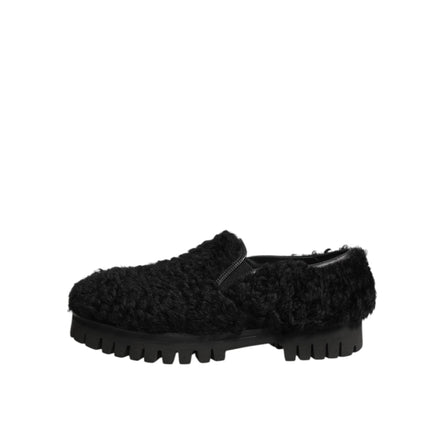 Dolce & Gabbana Dress Black Fur Leather Slippers