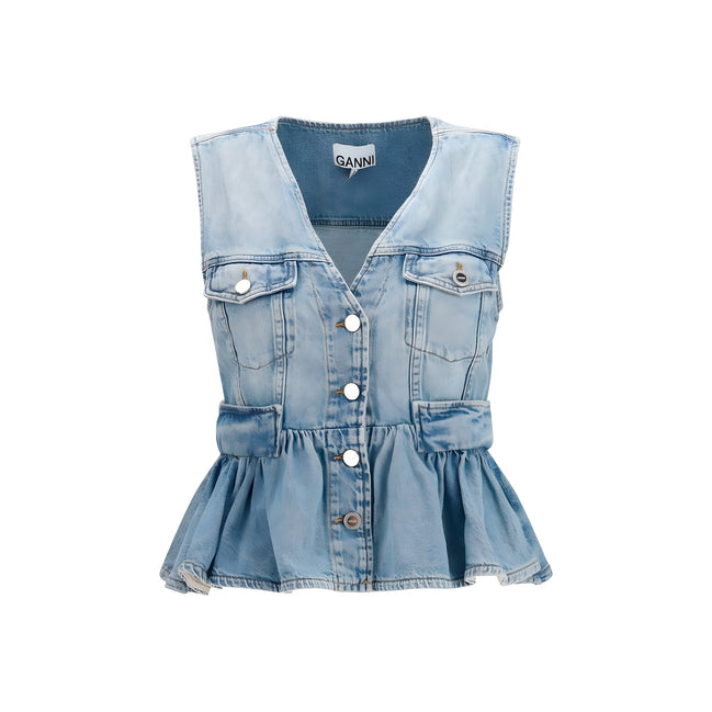 Jachetă Ganni din denim de bumbac albastru